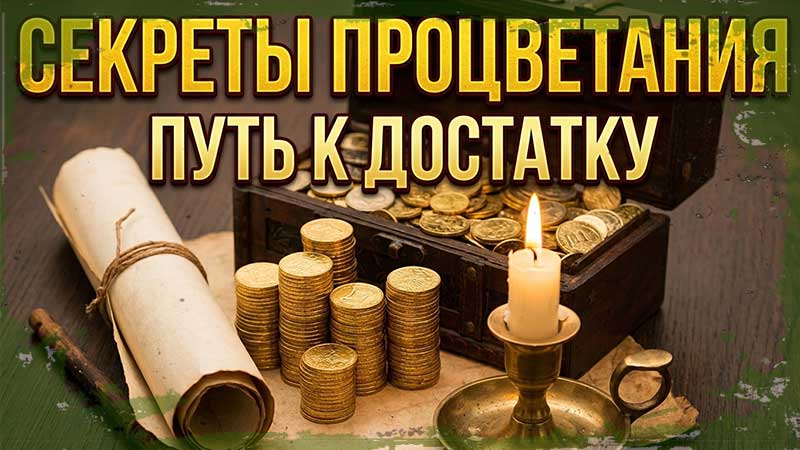 Секреты процветания и путь к достатку: золотые монеты, свиток и свеча.