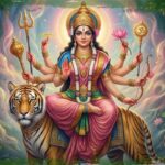 Самоисцеляющая мантра на все времена: богиня Дурга на тигре в окружении священных символов.