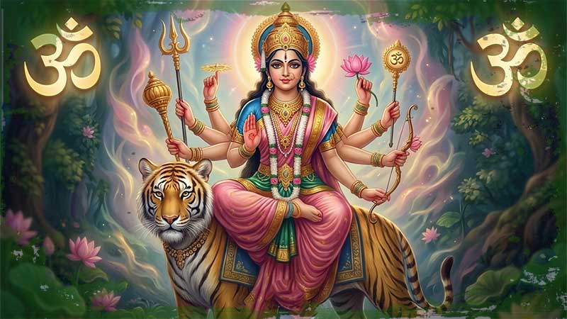 Самоисцеляющая мантра на все времена: богиня Дурга на тигре в окружении священных символов.