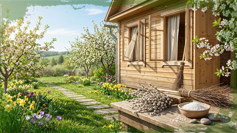 очищение дома от негатива, деревянный сруб с открытыми окнами и травами