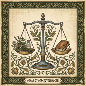 Иконка «Отказ от ответственности»: весы, травы и старинная книга