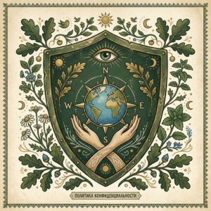 Защитный щит с земным шаром в руках и целебными травами, символизирующий сохранность личных данных