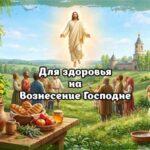 Для здоровья на Вознесение Господне: Иисус Христос возносится над людьми в ясном небе, благословляя их. На переднем плане — стол с целебными травами, крапивой и яблоками; справа девушка умывается водой. Вдали видна православная церковь и берёзы, передающие чистоту воздуха и праздника.