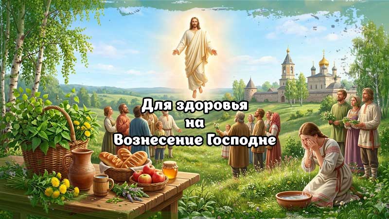 Для здоровья на Вознесение Господне: Иисус Христос возносится над людьми в ясном небе, благословляя их. На переднем плане — стол с целебными травами, крапивой и яблоками; справа девушка умывается водой. Вдали видна православная церковь и берёзы, передающие чистоту воздуха и праздника.