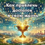 Как привлечь деньги в свою жизнь: визуализация эзотерических законов процветания. На изображении представлена светящаяся золотая чаша, из которой изливаются потоки монет и символов достатка. Вокруг чаши расположена сложная цифровая и сакральная матрица с подписями на русском языке: "УСПЕХ", "ИЗОБИЛИЕ", "ГАРМОНИЯ", "СЧАСТЬЕ", "ПРИТЯЖЕНИЕ". Фоном служат современные дома и город в лучах заката.