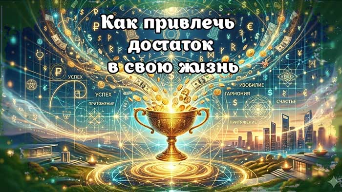 Как привлечь деньги в свою жизнь: визуализация эзотерических законов процветания. На изображении представлена светящаяся золотая чаша, из которой изливаются потоки монет и символов достатка. Вокруг чаши расположена сложная цифровая и сакральная матрица с подписями на русском языке: "УСПЕХ", "ИЗОБИЛИЕ", "ГАРМОНИЯ", "СЧАСТЬЕ", "ПРИТЯЖЕНИЕ". Фоном служат современные дома и город в лучах заката.
