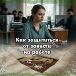 Как защититься от зависти на работе с помощью старинного способа с булавкой, женщина в офисе среди токсичных коллег.