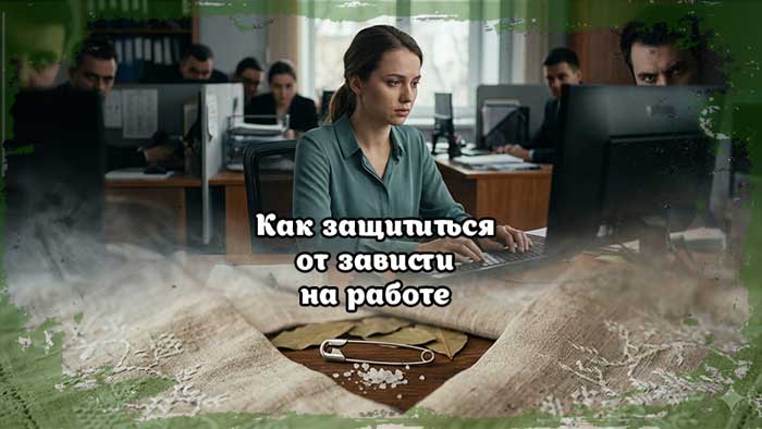 Как защититься от зависти на работе с помощью старинного способа с булавкой, женщина в офисе среди токсичных коллег.
