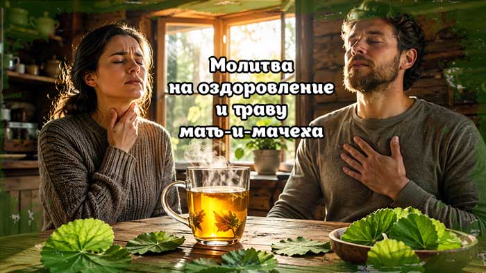 Молитва на оздоровление и траву мать-и-мачеха — горячий травяной чай при боли в горле и для облегчения дыхания в уютном деревянном доме