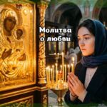 Молитва о любви: девушка в церкви перед иконой Божьей Матери со свечой.
