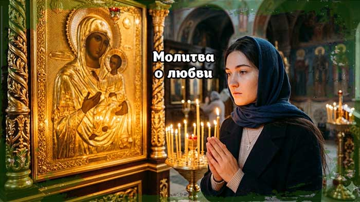Молитва о любви: девушка в церкви перед иконой Божьей Матери со свечой.