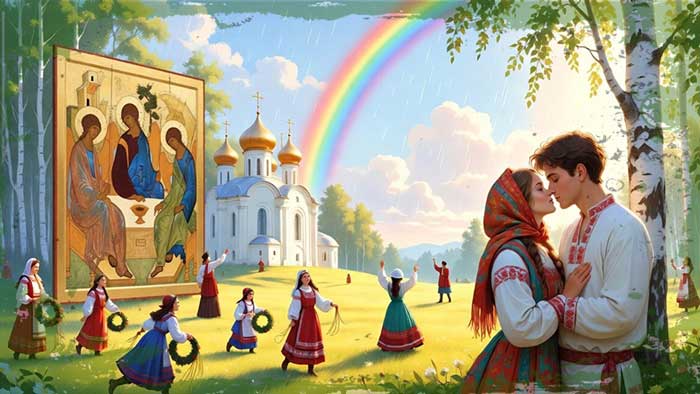 Не делайте это на Троицу. Народные приметы на Троицу: дождь к благополучию, радуга к приятным переменам, поцелуй под берёзой к счастью. Красивая иллюстрация с иконой Троицы Андрея Рублёва, церковью и праздничной сценой