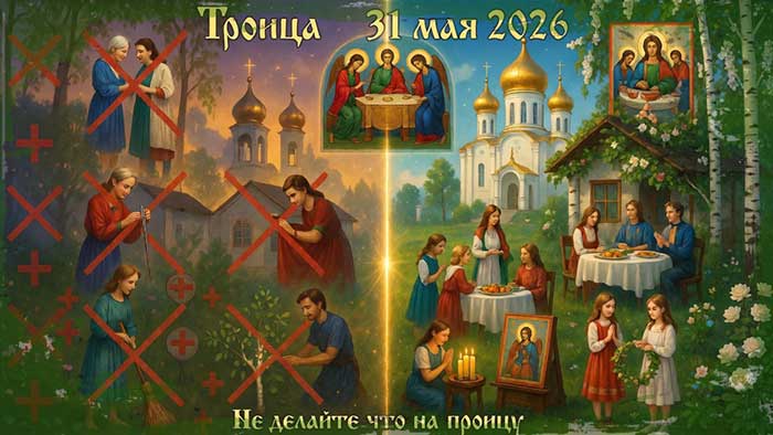 Не делайте это на Троицу. Инфографика на Троицу 31 мая 2026: что нельзя делать и что рекомендуется по народным традициям. Православная церковь, икона Троицы Рублёва, разделение на запреты и полезные обычаи